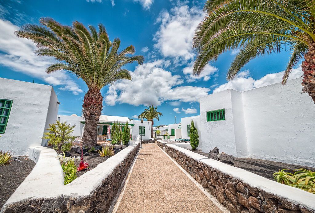 Gepflegter Weg zwischen weiß getünchten Bungalows mit grünen Fensterrahmen, Palmen und vulkanischem Lavagarten – Apartamentos LIVVO Las Gaviotas auf Lanzarote bei sonnigem Wetter.