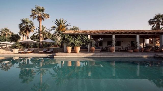 Stimmungsvoller Poolbereich im Phāea Cretan Malia mit ruhig schimmerndem Wasser, Sonnenliegen unter weißen Sonnenschirmen, hohen Palmen und einer überdachten, im traditionellen Stil gehaltenen Bar- und Lounge-Terrasse.